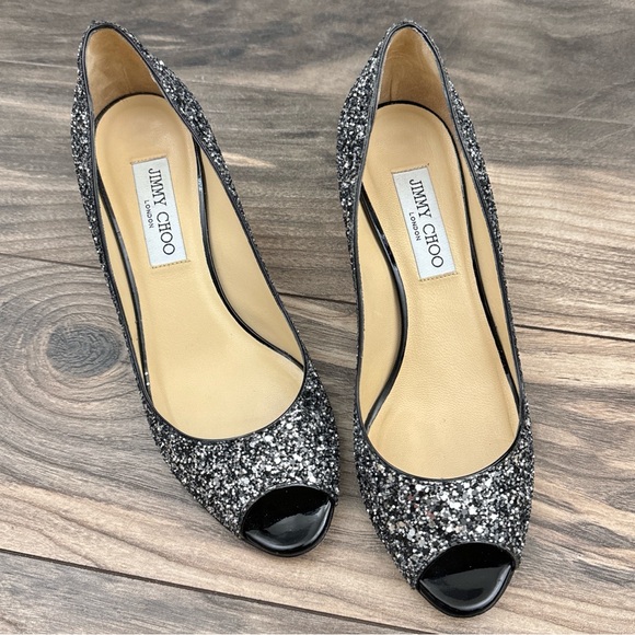 Jimmy Choo Isabel Coarse Glitter Fabric Silver/Black peep toe kitten heel EU 38 - Picture 2 of 14